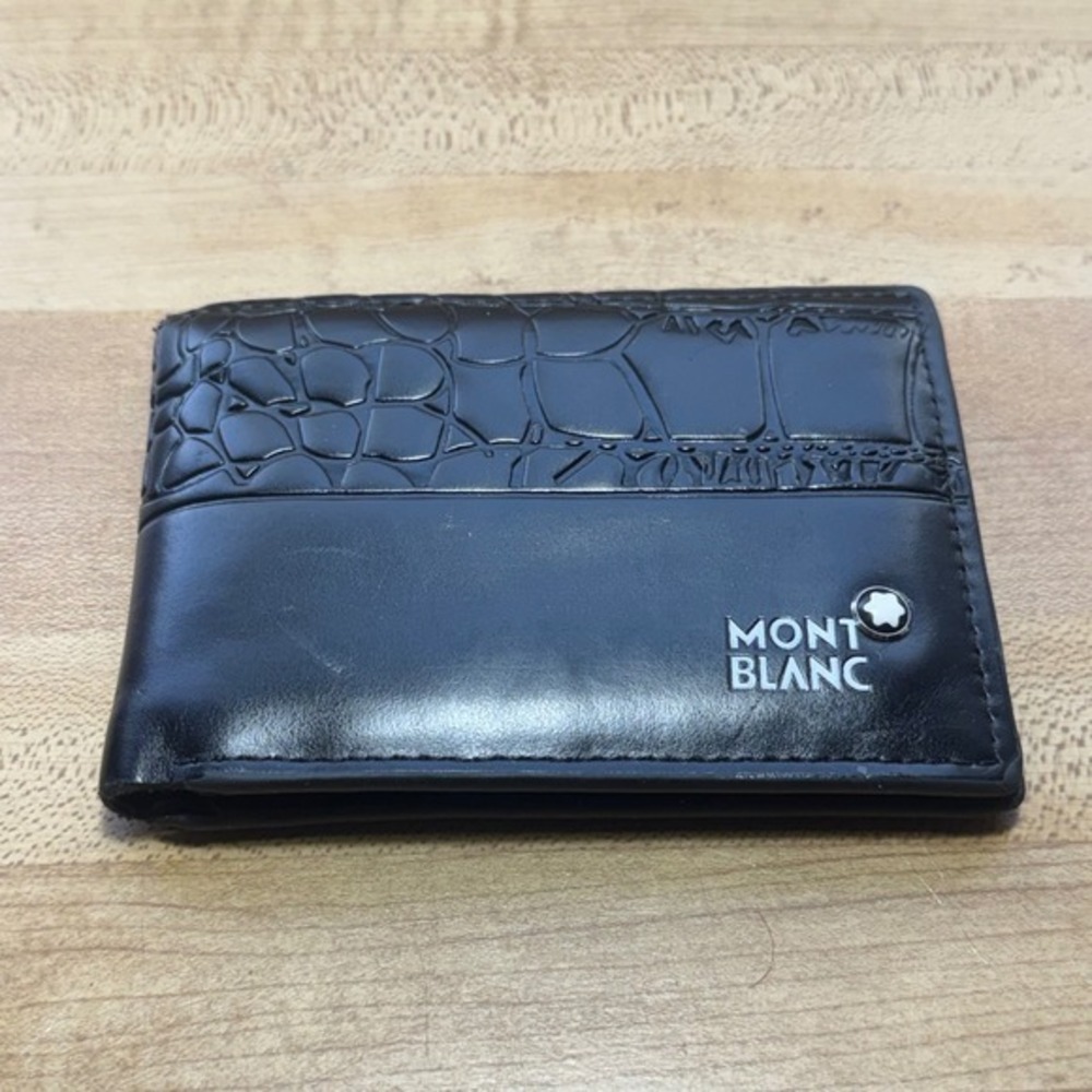 Montblanc Mens Black Leather Bifold Wallet Croc Embossed ID Luxury Accessory